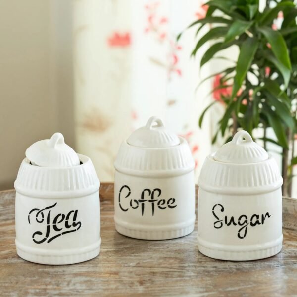 'The London Tea Club' Multi-Utility Storage Jars & Containers In Ceramic (Set of 3, Non- Airtight, 520 ML, Hand-Embossed, 15.5 Cm)