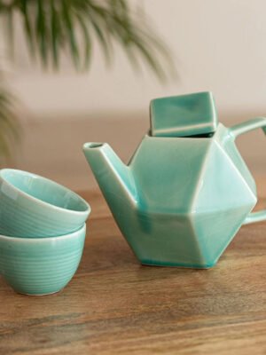 Kettle Set 'Caribbean Green' Handcrafted Ceramic Tea Cups & Kettle Set (2 Cups & 1 Kettle, Microwave Safe)