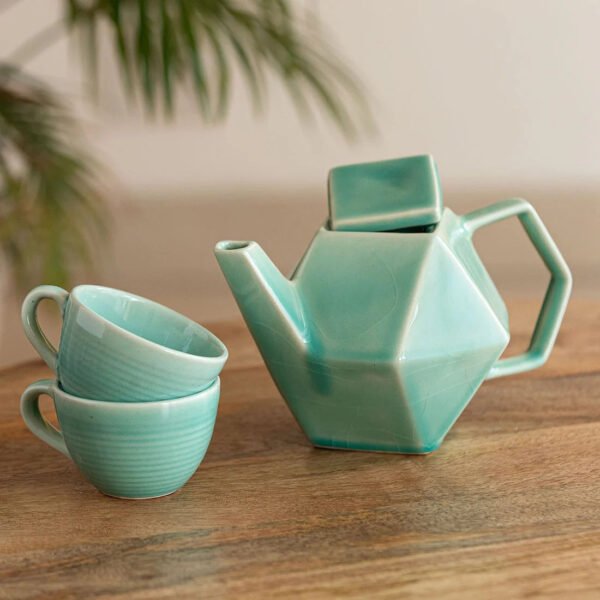'Caribbean Green' Handcrafted Ceramic Tea Cups & Kettle Set (2 Cups & 1 Kettle, Microwave Safe)