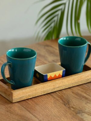 Mornign tea Set 'Blues Of Sky-Geometric Landscape' Ceramic Tea & Coffee Mugs With Nut Bowl & Wooden Tray (320 ml & 80 ml, Hand Glazed & Hand-Painted)
