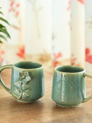 'Sage Serenity' Ceramic Tea And Coffee Mugs (Set of 2, 330 ML, Microwave Safe, Hand-Embossed)