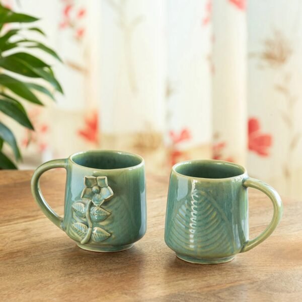 'Sage Serenity' Ceramic Tea And Coffee Mugs (Set of 2, 330 ML, Microwave Safe, Hand-Embossed)