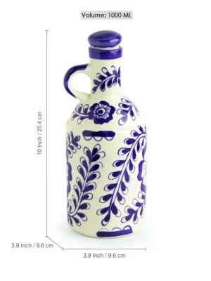 Oil BOttle 'Flowy Flora' Mughal Hand-Painted Ink Blue Decorative Ceramic Oil Bottle (1000 ML)