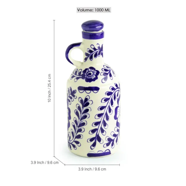 'Flowy Flora' Mughal Hand-Painted Ink Blue Decorative Ceramic Oil Bottle (1000 ML)