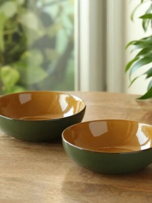 'Forest Canopy' Ceramic Serving Bowls (Set of 2, 570 ML, Microwave Safe, Hand Glazed)
