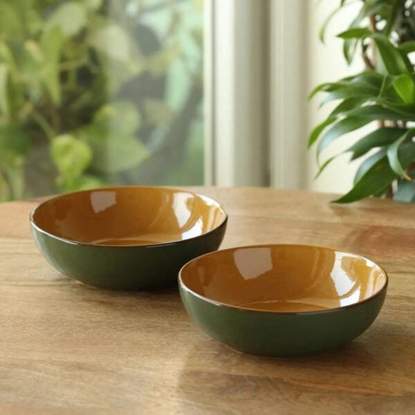 'Forest Canopy' Ceramic Serving Bowls (Set of 2, 570 ML, Microwave Safe, Hand Glazed)