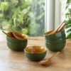 'Forest Canopy' Ceramic Soup Bowls With Spoons (Set of 6, 340 ML, Microwave Safe, Hand Glazed)