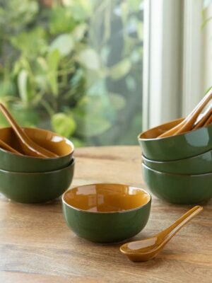 'Forest Canopy' Ceramic Soup Bowls With Spoons (Set of 6, 340 ML, Microwave Safe, Hand Glazed)