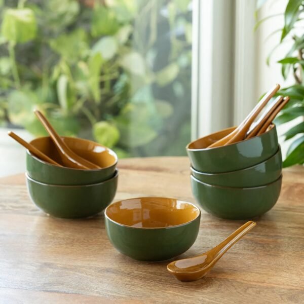 'Forest Canopy' Ceramic Soup Bowls With Spoons (Set of 6, 340 ML, Microwave Safe, Hand Glazed)