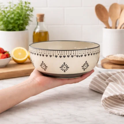 Ivory Bloom Ceramic Serving Bowl (10 Inch) – Handmade Large Bowl for Salad, Curry & Snacks | Microwave & Dishwasher Safe | Rustic Floral Design