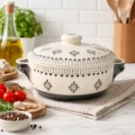 Ivory Bloom Ceramic Serving Handi with Lid (10 Inch) – Handmade Covered Casserole Bowl for Curry, Sabzi & Rice | Microwave & Dishwasher Safe | Rustic Floral Design