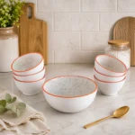 CreamDot 7-Piece Ceramic Pudding Set | Speckled Dessert Bowls with Contrast Rim | Premium Serving Bowls for Desserts & Snacks