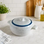 Induvra MarbleStone Handi with Lid | Premium Serving & Cooking Bowl | Speckled White Finish with Blue Rim