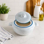 Induvra MarbleStone Handi with Lid | Premium Serving & Cooking Bowl | Speckled White Finish with Blue Rim - Image 2